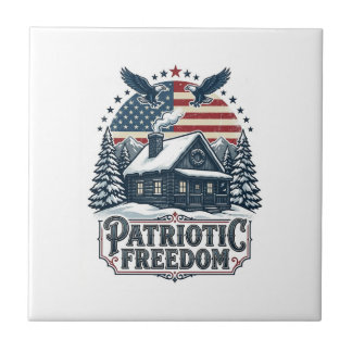 Patriotic Winter Cabin Vector Graphic Tee Ceramic Tile