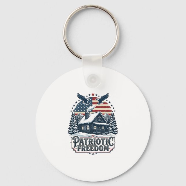 Patriotic Winter Cabin Vector Graphic Tee Key Ring (Front)