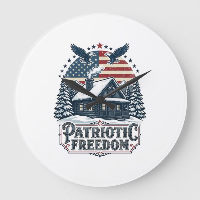 Patriotic Winter Cabin Vector Graphic Tee Large Clock (Front)