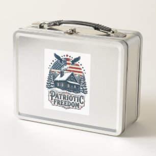 Patriotic Winter Cabin Vector Graphic Tee Metal Lunch Box