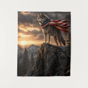 Patriotic Wolf American Flag Cape Mountain Sunset Tapestry