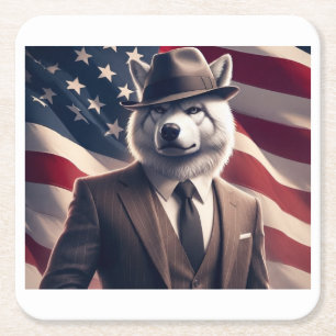 Patriotic Wolf   Square Paper Coaster