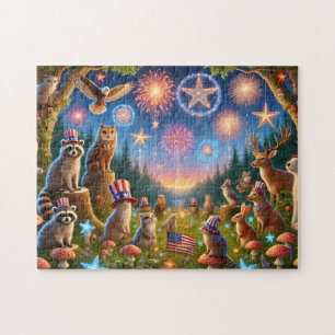 Patriotic Woodland Animals 4th of July Fireworks Jigsaw Puzzle