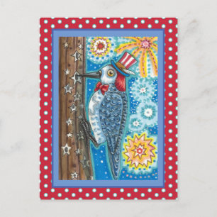 PATRIOTIC WOODPECKER FIREWORKS, 4TH OF JULY BIRD HOLIDAY POSTCARD