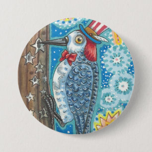 PATRIOTIC WOODPECKER & FIREWORKS BUTTON Round
