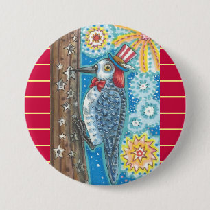 PATRIOTIC WOODPECKER & FIREWORKS BUTTON Round