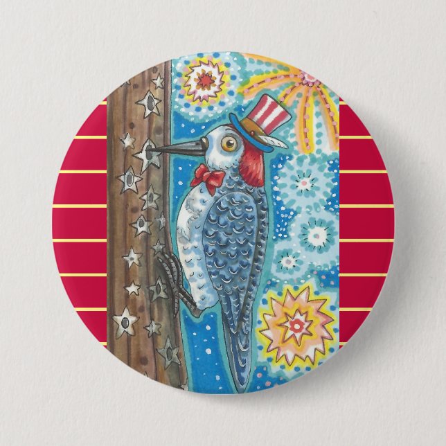 PATRIOTIC WOODPECKER & FIREWORKS BUTTON Round (Front)