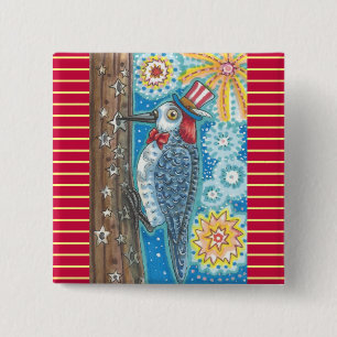 PATRIOTIC WOODPECKER & FIREWORKS BUTTON Square