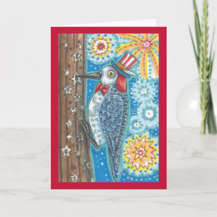 PATRIOTIC WOODPECKER FIREWORKS GREETING CARD Blnk