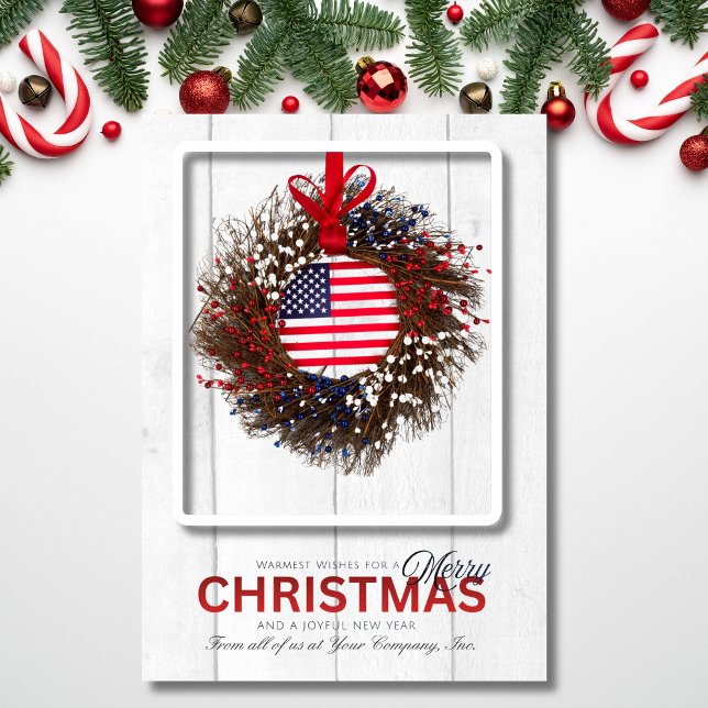 Patriotic Wreath Merry Christmas Wishes Holiday Card (A festive patriotic wreath design sharing warm Christmas wishes from your company.)