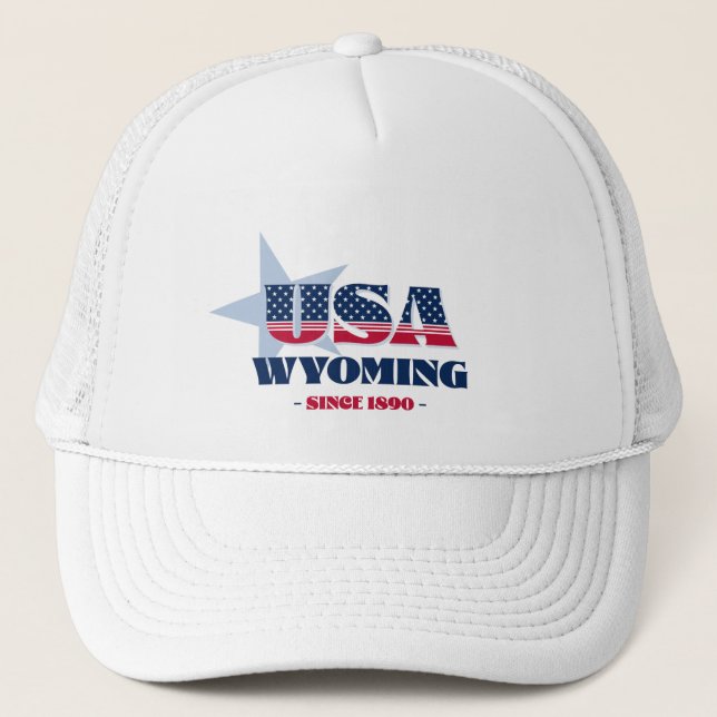Patriotic Wyoming Typography Trucker Hat (Front)