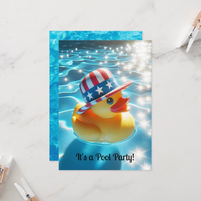 Patriotic Yellow Rubber Duck In Pool Invitation (Front/Back In Situ)