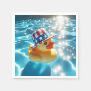 Patriotic Yellow Rubber Duck In Pool Napkin