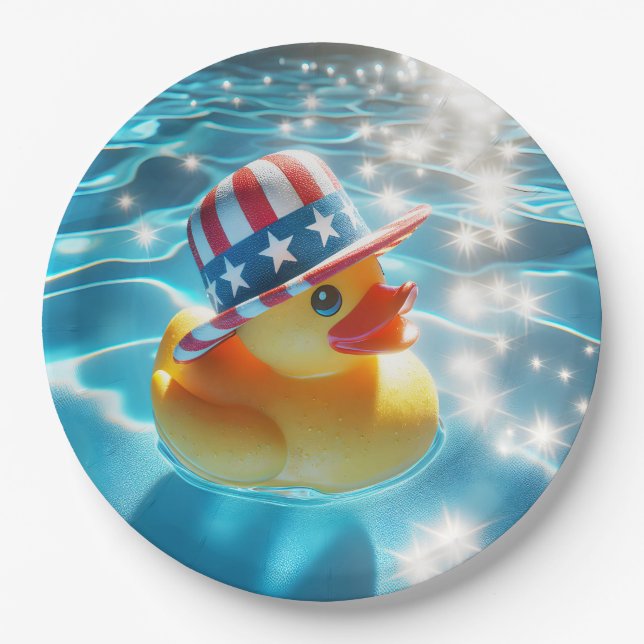 Patriotic Yellow Rubber Duck In Pool Paper Plate (Front)