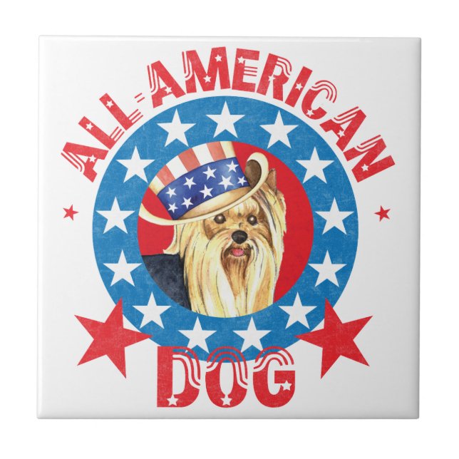 Patriotic Yorkie Ceramic Tile (Front)