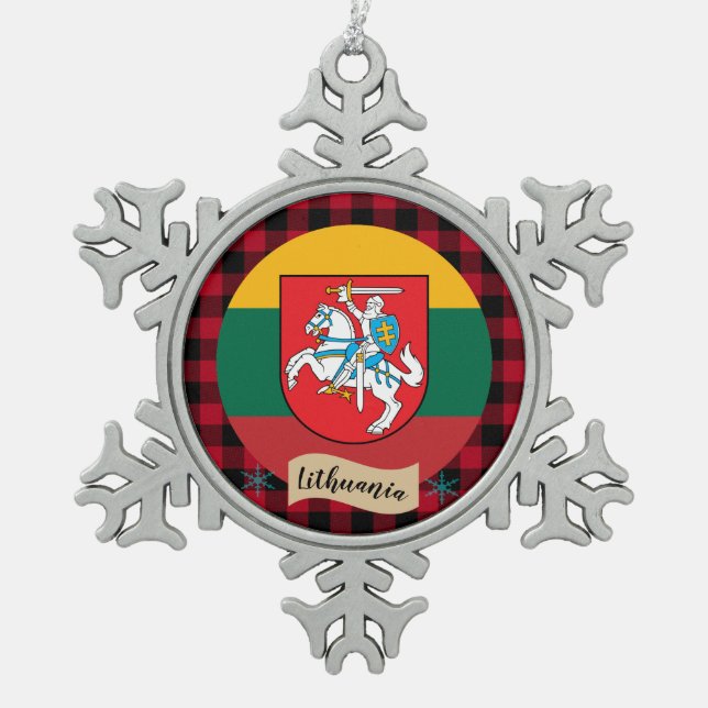 Patriots Lithuania, buffalo plaid, Lithuanian Flag Snowflake Pewter Christmas Ornament (Front)