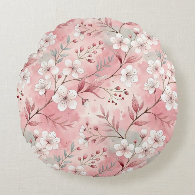 Patrón de flor sakura rosado round cushion (Front)