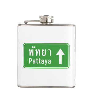Pattaya Ahead ⚠ Thai Highway Traffic Sign ⚠ Hip Flask
