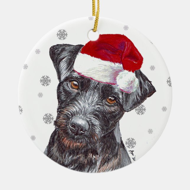 Patterdale Terrier - Santa Hat Christmas Bauble D Ceramic Ornament (Front)
