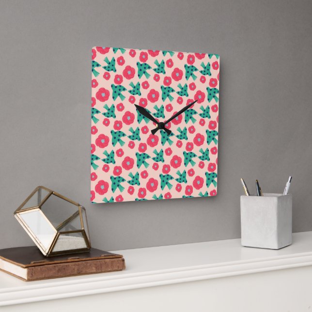 pattern_8_camellia and bird_2 square wall clock (Office)