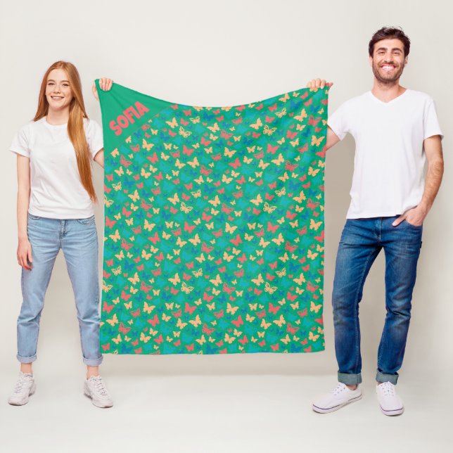 Pattern beige pink turquoise green butterfly name fleece blanket (In Situ)