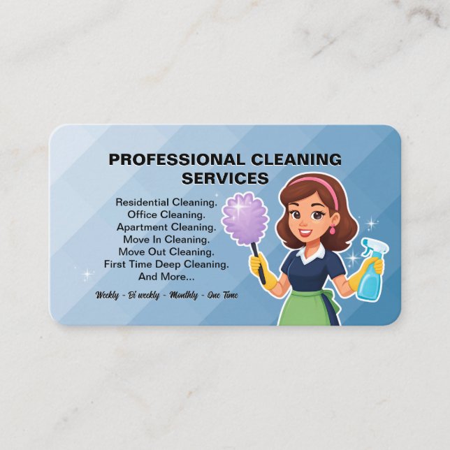 Pattern Blue Cartoon Housekeeper Cleaning Service Business Card (Front)