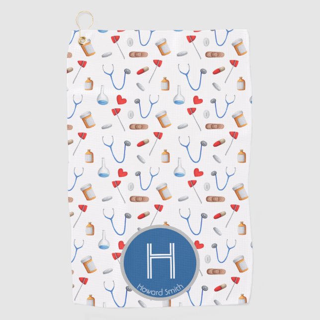 Pattern Blue Monogram Doctor  Golf Towel (Front)