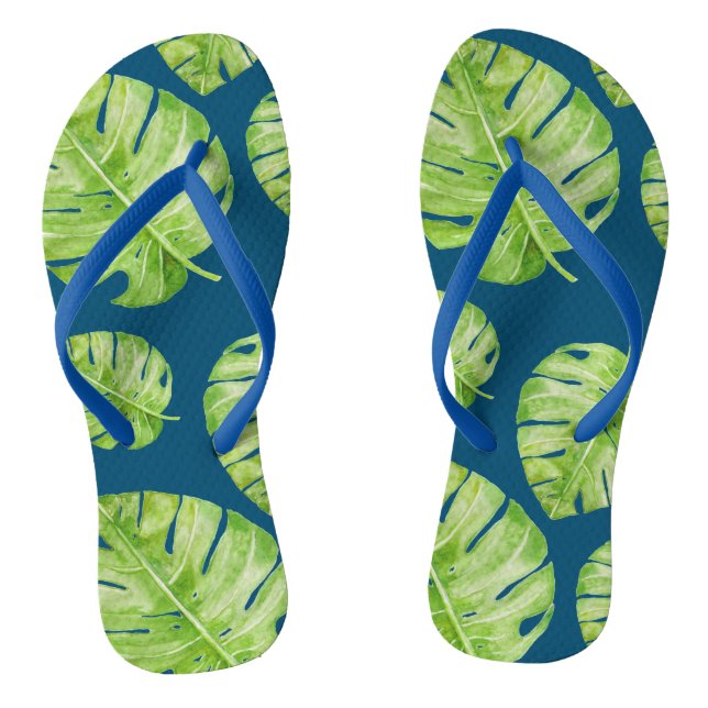 Pattern Cute Chic Banana Leaf Green Blue Thongs (Footbed)
