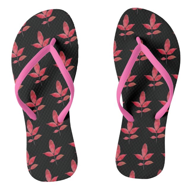 Pattern Cute Chic Leaf Colourful Black Red Thongs (Footbed)