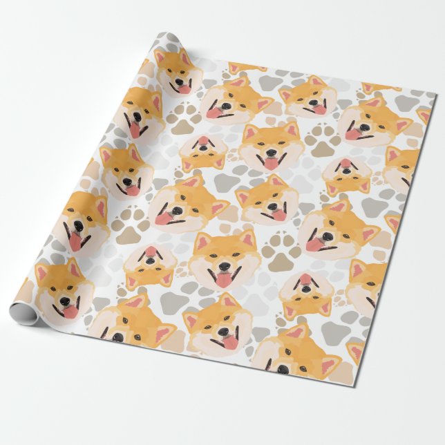 Pattern Dog Paws Shiba Inu Wrapping Paper (Unrolled)