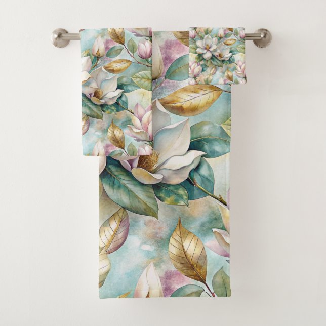 Pattern Elegant Magnolia Flowers Bath Towel Set (Insitu)