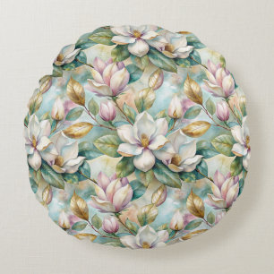 Pattern Elegant Magnolia Flowers Round Cushion
