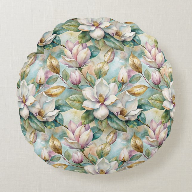 Pattern Elegant Magnolia Flowers Round Cushion (Front)