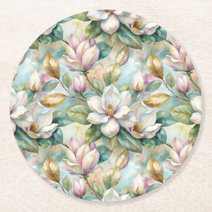 Pattern Elegant Magnolia Flowers Round Paper Coaster