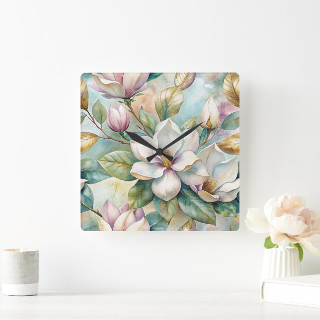 Pattern Elegant Magnolias Square Wall Clock (Home)