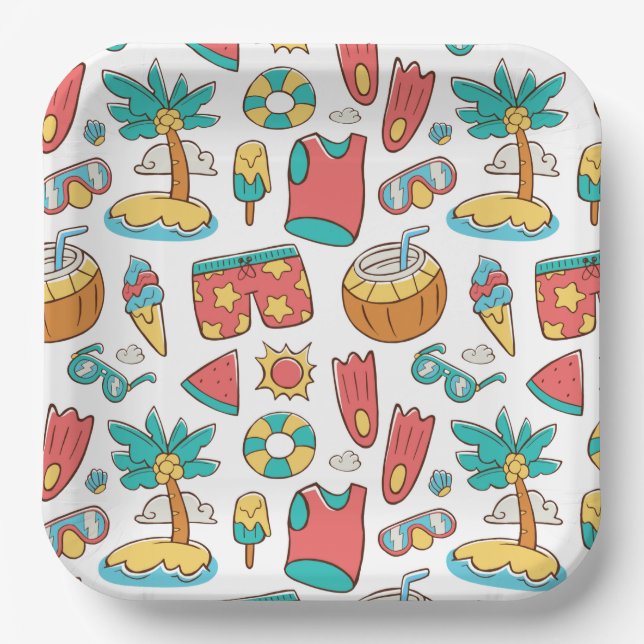 pattern funny summer beach vacation  paper plate (Front)