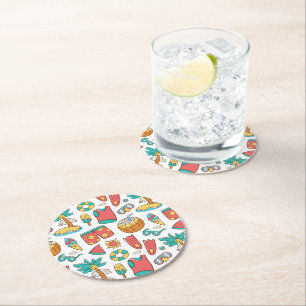 pattern funny summer beach vacation round paper coaster