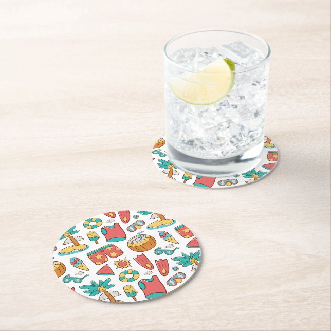 pattern funny summer beach vacation  round paper coaster (Insitu)