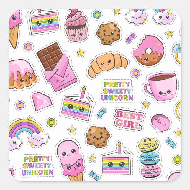 Pattern Funny Unicorn Magic Rainbow Cute  Square Sticker (Front)