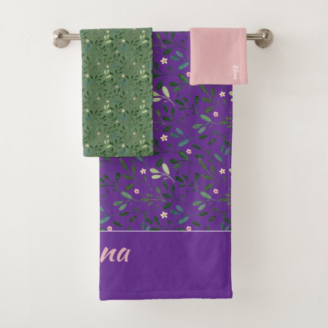 Pattern green leaf name light purple bath towel (Insitu)