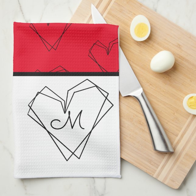 Pattern Heart Line Art Black White  Red  Tea Towel (Quarter Fold)