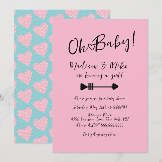  Pattern Heart Valentines Day Pink Baby Shower  Invitation (Front/Back)
