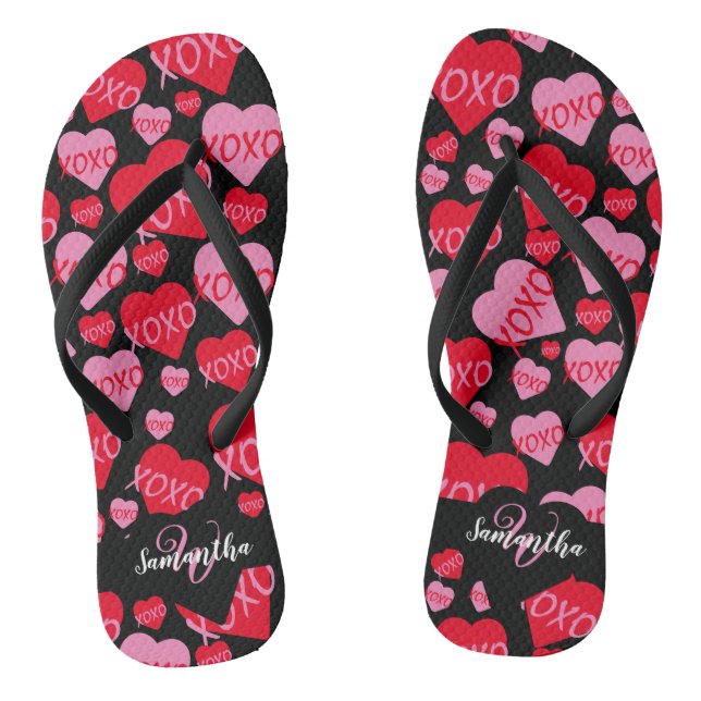 Pattern Hearts XOXO Love Red Pink Black Monogram Thongs (Footbed)