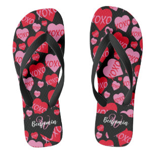 Pattern Hearts XOXO Love Red Pink Black Monogram Thongs