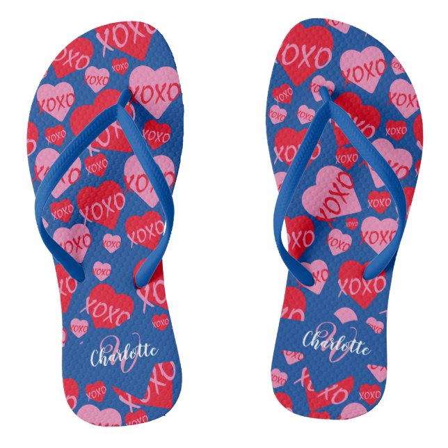 Pattern Hearts XOXO Love Red Pink Blue Monogram  Thongs (Footbed)