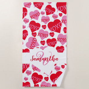 Pattern Hearts XOXO Love Red Pink White Monogram Beach Towel