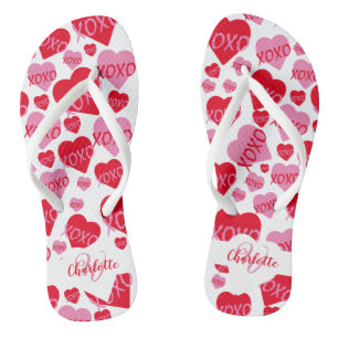 Pattern Hearts XOXO Love Red Pink White Monogram Thongs