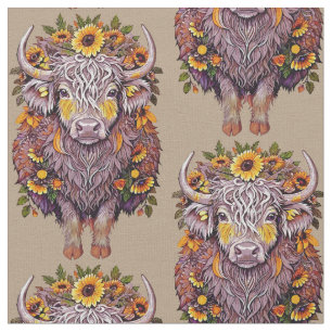 Pattern highland cow sunflower yellow flowers fabric