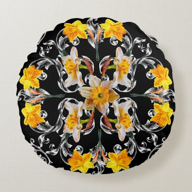 Pattern in baroque style with flowers narcissus on round cushion (Front)