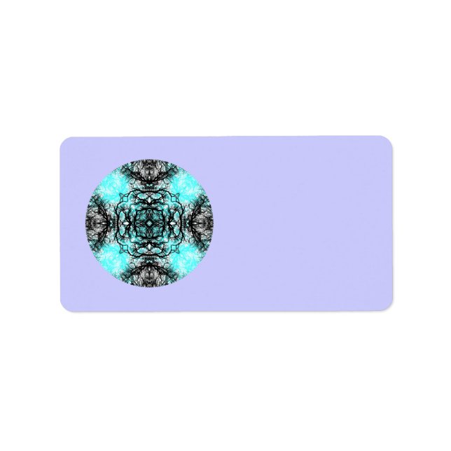 Pattern in Turquoise and Black, on Lilac Purple. Label (Front)